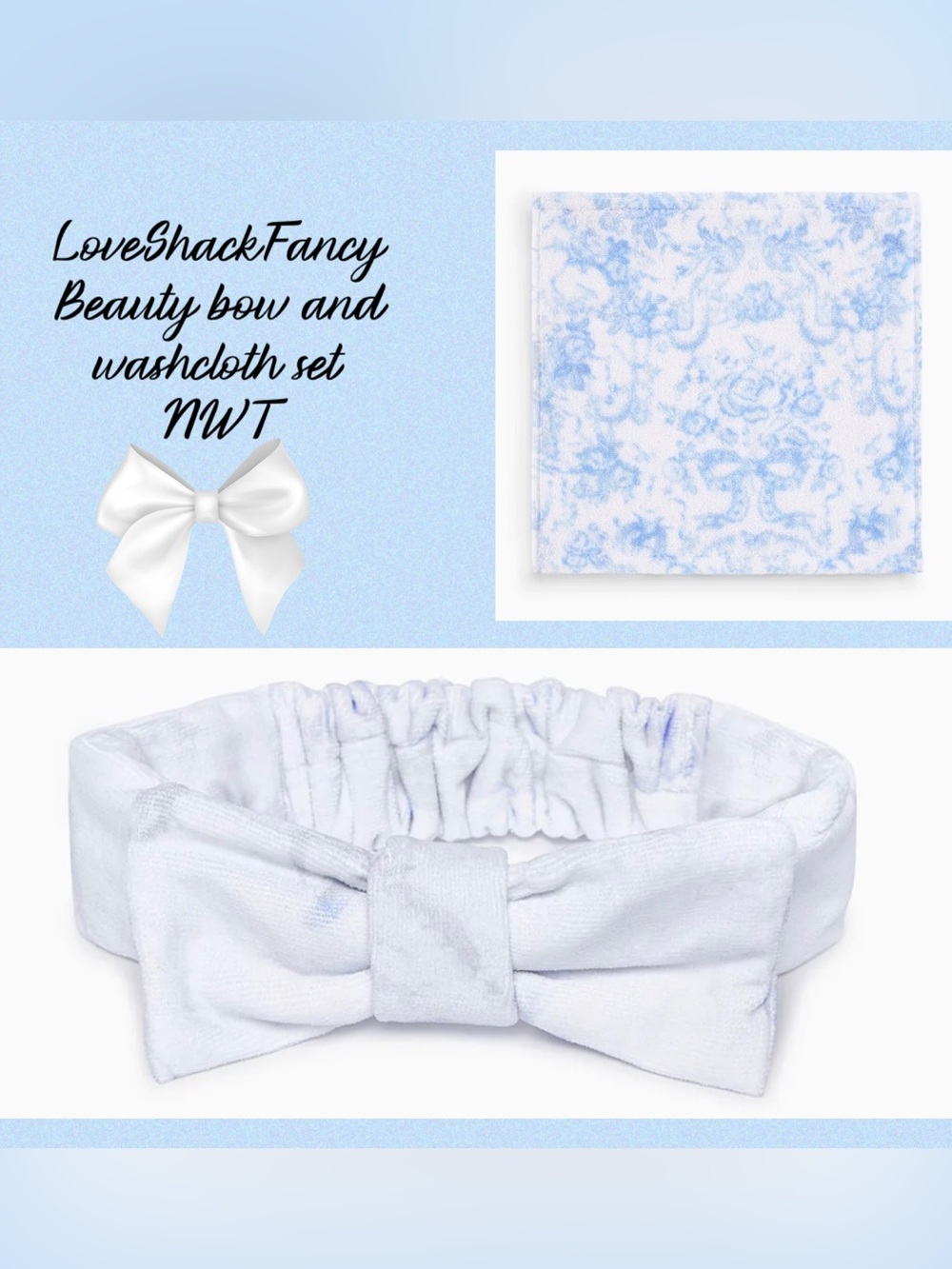 LoveShackFancy Wash cloth and Bow Face Wash beauty Headband Set NWT